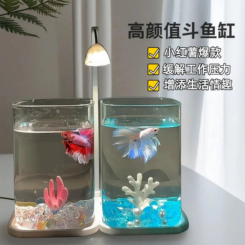 Mini Betta Fish Glass Tank Des - Fish Toy In Aquarium ulasan dan harga